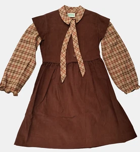 Vintage 70s 80s Marjory Daw Long Sleeve Brown Corduroy & Plaid Dress Size 7 / 8 - Picture 1 of 5