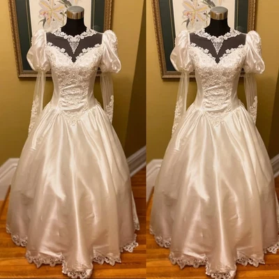 Victorian Wedding Dresses Satin Long Puff Sleeve A Line Full Length Bridal Gown - Image 1 of 4