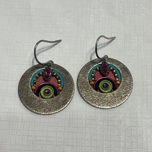 Circular Boho Disc Silver Tone Rhinestone Dangle Earrings Abstract - Picture 1 of 5