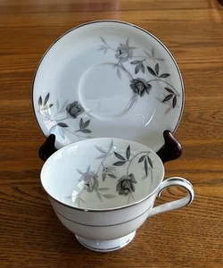 NORITAKE ROSAMOR CUP SAUCER SET TEACUP GREY AND BLACK VINT 60s MID CENTURY GOTH - Picture 1 of 20