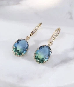 Green And Blue crystal earrings - drop dangle hoop - Cubic Zirconia Stones - Picture 1 of 3