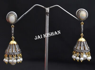 Orecchini Pendenti Vittoriani In Argento Sterling 925 Con Diamanti E Gemma Opale - Immagine 1 di 4