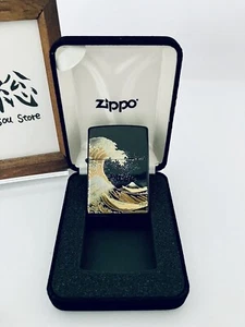 Zippo Ocean Wave Mt. Fuji Makie Lacquer Gold Inside Unit Black Urethane Lighter - Picture 1 of 2