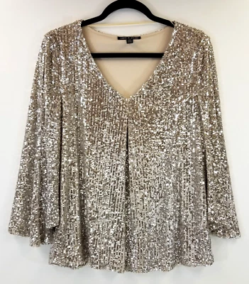 Pullover Top Cable & Gauge Wms L Lentejuelas Completo Manga Campana 3/4 Cuello en V Forrado Plateado Foto 1 de 4