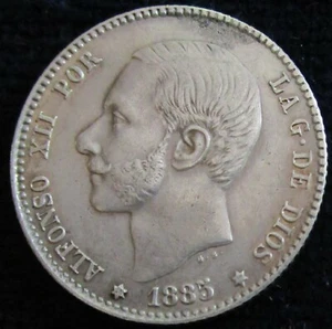 SPAIN, 251-ALFONSO XII, 5 PESETAS 1884*18-84, MADRID MS M, AXF. - Picture 1 of 2