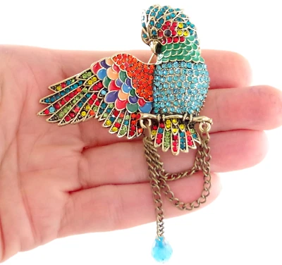 3.75" NUEVO BROCHE COLGANTE PÁJARO LORO ESTRÁS CRISTAL MULTICOLOR ESTILO DISEÑADOR Foto 1 de 4