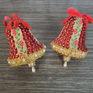 2 Vintage Beaded Christmas Bell Ornament with Sequins: Cream, Gold, Red, & Pearl - Picture 1 of 6