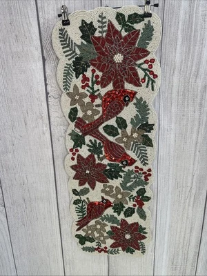 Holiday Christmas Beaded Table Runner Cardinals Pointsettia Flowers Rachel Zoe