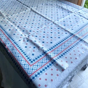 Vtg Oilcloth Tablecloth 40x54" Waterproof White Blue Red Nordic Scandi Norwegian - Picture 1 of 14