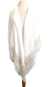 Vintage 100% Silk White Asian Fringe Shawl Scarf 60” x 60 " Unused Classic - Picture 1 of 9