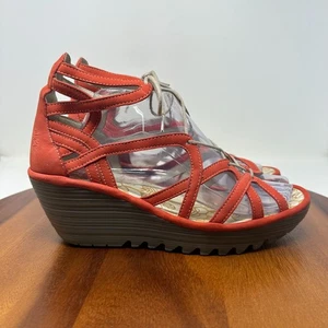 Fly London Yuke Sandals Womens 41 US 10-10.5 Brick Orange Leather Wedge Lace up - Picture 1 of 12
