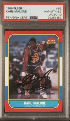 Karl Malone Autographed 1986 Fleer RC Jazz PSA 8.5 Auto Gem 10 PSA/DNA Pop 5 - Image 1 of 3