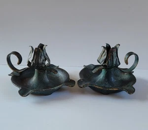 Vintage Pair Heavy Metal Lotus Flower Finger Loop Candlestick Ashtray Holders - Picture 1 of 5