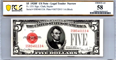 $5 1928F Legal Tender Red Seal "NARROW" PCGS 58 CHOICE AU Fr. 1531 - Image 1 of 3