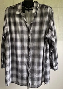 M&S LIGHTWEIGHT SHEER FABRIC SHIRT SIZE 24 UK BLACK + GREY CHECK ROLL TAB SLEEVE - Picture 1 of 10