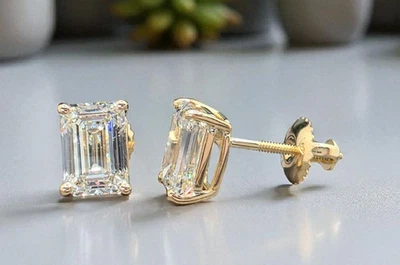 2Ct D VS1 TW Emerald Cut Diamond Studs 14k Gold Lab Grown IGI Certified - Image 1 of 4