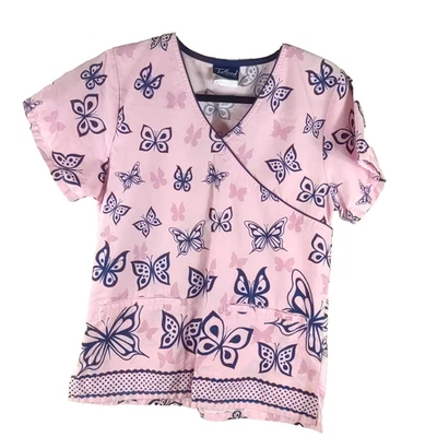 Tafford Women's Scrub Top Size X Small Pink Black Butterfly Medical Nursing - Image 1 of 4