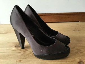 ASH WOMENS BLACK/GREY LEATHER/SATIN FABRIC PEEP TOE HIGH HEELS UK4 - Picture 1 of 8