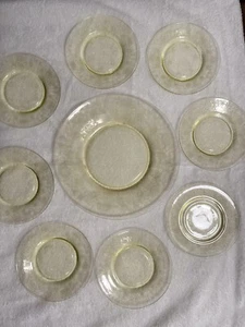 9 Translucent Yellow Depression Glass Dessert Plates,-Etched Floral, 1-10" 8-6" - Picture 1 of 6