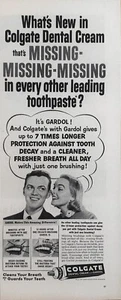 Colgate 1956 crema dental vintage anuncio impreso en blanco y negro, "Falta, falta, falta" - Imagen 1 de 1