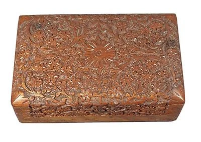 5 " x 8" Hand Carved Floral Design Mango Wood Hinged Velvet Lined Box - Image 1 of 4