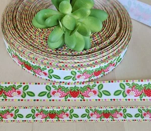 5/8 & 7/8" (1 YD) Strawberry Grosgrain Ribbon Fruit Picnic Ribbon Gift Wrapping - Picture 1 of 1