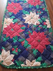 Christma Quilted Table Runner 12 X 43" Christmas Poinsettia Red White On Navy - Picture 1 of 4