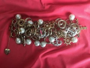 Betsey Johnson Vintage HUGE Nautical Pearl Anchor Lifesaver Seahorse Bracelet - Picture 1 of 6