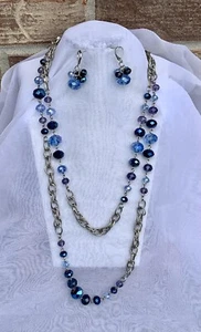 Vintage 70s Blue, Peacock & Purple Aurora Borealis Crystal Necklace Earrings Set - Picture 1 of 9