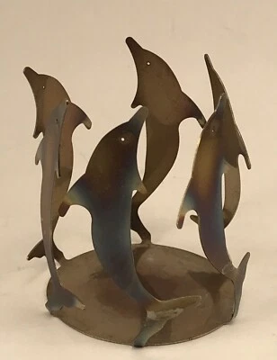 Suporte de vela golfinho cobre ouro metal recortado arte popular reciclado rústico - Imagem 1 de 4