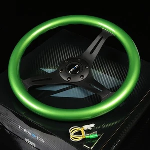 NRG 350MM 2"DEEP DISH STYLE 6-HOLES STEERING WHEEL GREEN WOOD GRIP BLACK SPOKES - Picture 1 of 1