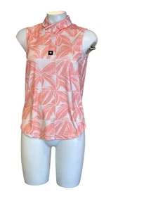 Women's bad Birdie Sleeveless Polo Shirt Size M Pink White Palm Print - Picture 1 of 3
