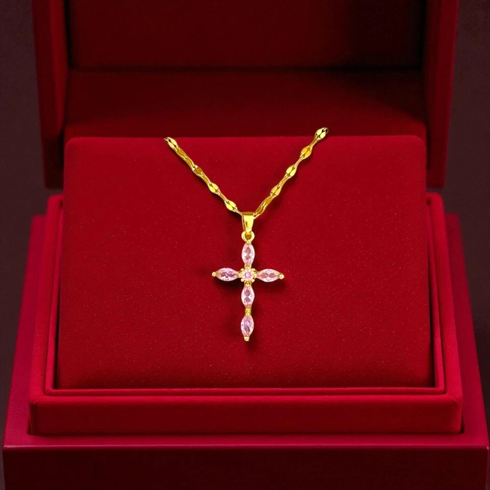 Collar Cruz Mujer Oro 18K y Plata ✝️ Colgante Circonita Circonita Acero Inoxidable Nuevo✝️ Foto 1 de 4