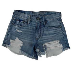 American Eagle Blue Hi-Rise Festival Denim Distressed Cut Off Shorts Size 0 - Picture 1 of 24