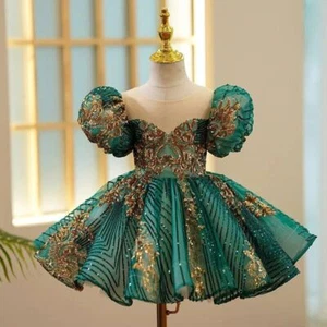 Luxury Party Green Gold Dresses Girls Photo Shoot Gown Evening Formal Lace Dress - Picture 1 of 31