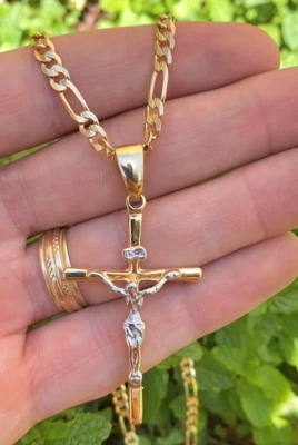 Crucifix Necklace 24" 14K Pendant GF Charm Gifts Religious Stelish Cadena Hombre - Image 1 of 4