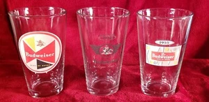 Set Of 3 Budweiser Retro Advertising Pint Glasses. Official Reproductions 16 oz - Picture 1 of 9
