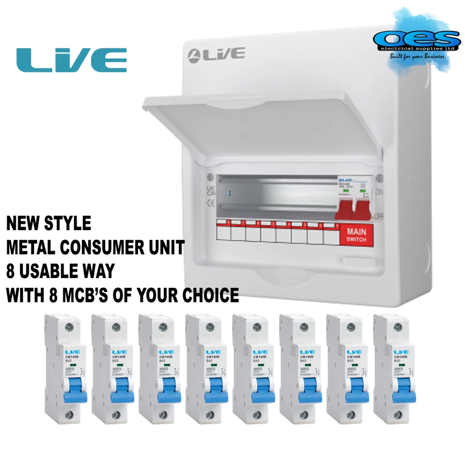 LIVE METAL CONSUMER UNIT 8 USABLE WAYS 100A MAIN SWITCH WITH 8 X MCB'S AMENDMENT 3