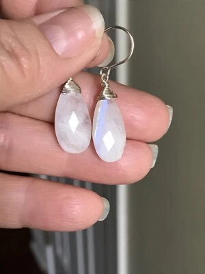 Sterling Moonstone Earrings 20mm long Natural Briolette Boho - Image 1 of 4