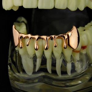 14k Rose Gold Plated Fang Drip Grillz Bottom Teeth Vampire Fangs Dripping Grills - Picture 1 of 6