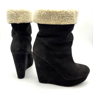 Vintage Koolaburra schwarz Wildleder Leder Lammfell gefüttert Plateau Keilabsatz Stiefel 6 - Bild 1 von 16