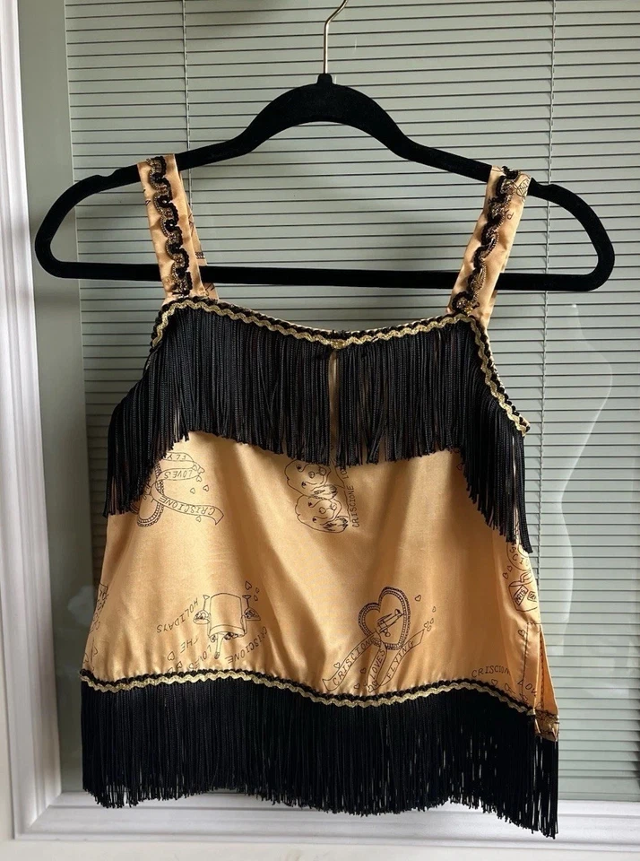 Novedad Camiseta sin Mangas con Flecos Burlesque Vaquera Romántica Estampado Caprichoso Dorado Satinado Foto 1 de 4