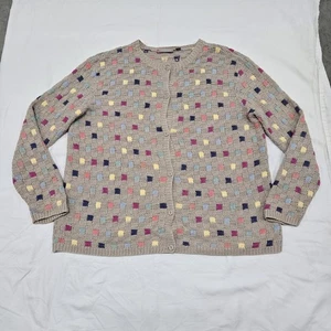 Sz XL Vintage Tan Nordstrom Cardigan Multicolor Checkered Knit Sweater Button Up - Picture 1 of 14