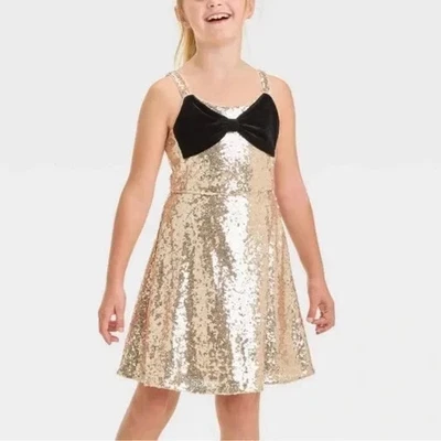 Girls Sleeveless Gold Sequin Skater Velvet Bow Dress - Cat & Jack - Size: 8 Med - Image 1 of 4