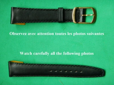 SANS MARQUE 18 mm BRACELET NOS OUVERT COUSU VEAU VÉRITABLE "BOX" NOIR ANSES FIXES SOUDÉES