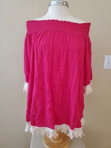 Ella Blue Hot Pink/Cream Boho Shirt Fringe Sleeve & Hem Off Shoulder Size Large  - Picture 1 of 8
