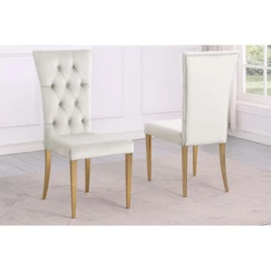 Dining Room Accent Chair Set of 2 Velvet Upholster, Tufted, Golden Frame, Crème - Picture 1 of 3