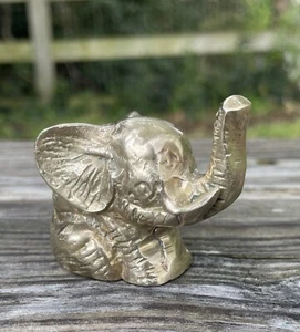 Vtg  Miniature Solid Brass Standing Elephant Figurine Paperweight Trunk Raised - Picture 1 of 8