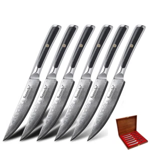 6PCS Steak Knives Set Damascus Steel Japanese Chef Steak Knife Wooden Box - Picture 1 of 8