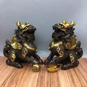 Chinese Ancient Bronze Collection Fortune and Prosperity Unicorn A Pair - Picture 1 of 9